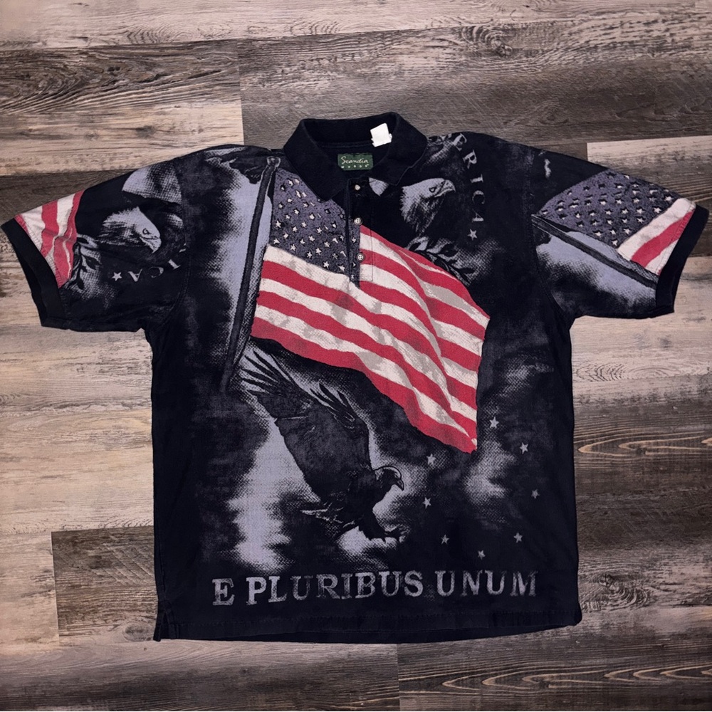 Vintage Scandia Woods Polo with American Eagle and United States flag AOP design